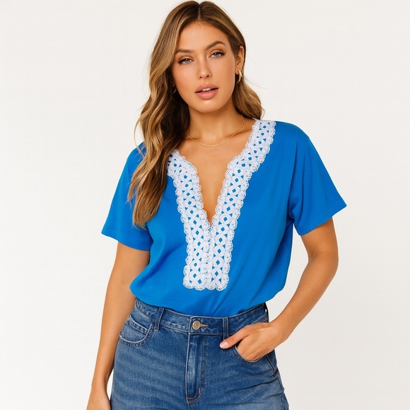 Soft Surrounding Blue Top with White Lace Detail Size 2X NWT - Picture 1 of 9